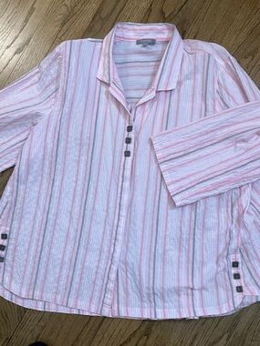 Habitat Pink White Striped Crinkle Button-Front Shirt XL Lagenlook Button Detail